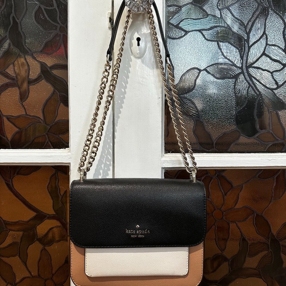 Kate Spade Remi Colorblock Black White Tan Flap Chain Crossbody Purse
